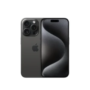 iPhone 15 Pro UK Used - The Phonepreneur Global Space gray iPhone showing triple-camera rear, Apple logo, and front screen with dark wavy wallpaper (front and back view).