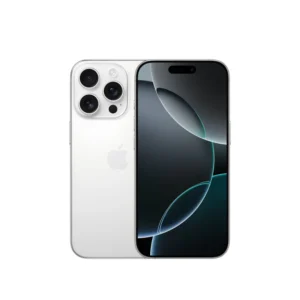 White iPhone with a triple-camera rear system shown from back and side, front screen visible with curved edges and notch/ Dynamic island appearance.