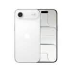 iPhone 17 Air Brand New - The Phonepreneur Global White Apple iPhone shown from both front and back, highlighting a white glass back with Apple logo and a large rear camera, and a slim bezel on the front