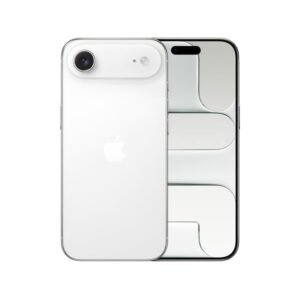iPhone 17 Air Brand New - The Phonepreneur Global White Apple iPhone shown from both front and back, highlighting a white glass back with Apple logo and a large rear camera, and a slim bezel on the front