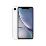 White iPhone shown from front and back in a stacked pose, with a large black display and white back.