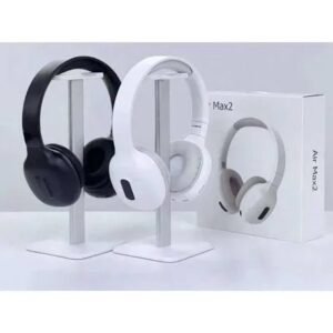 Black and white over-ear headphones on display stands with a white Air Max2 box in the background.