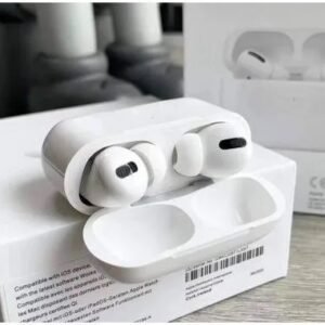 White wireless earbuds in an open charging case resting on a product box.