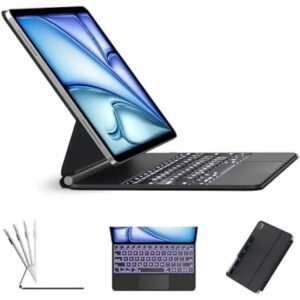 2-in-1 tablet with kickstand and detachable keyboard for typing, shown angled for use.