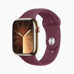 img_7322 - The Phonepreneur Global Gold Apple Watch with a burgundy sport band, close-up of the smartwatch face and side crown.