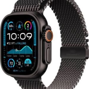 Smartwatch with a dark metal mesh band showing health metrics and a time display on its colorful screen