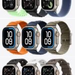collage of nine Apple Watches with different colored bands (green, black, blue, orange, navy, beige, gray, white) in three rows, showing time 10:09 on most faces.