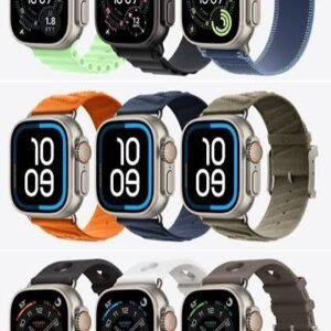 img_7325 - The Phonepreneur Global collage of nine Apple Watches with different colored bands (green, black, blue, orange, navy, beige, gray, white) in three rows, showing time 10:09 on most faces.