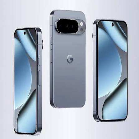 Three Google Pixel smartphones in a blue-gray finish, shown from front and back to highlight the triple-camera bar on the center device.