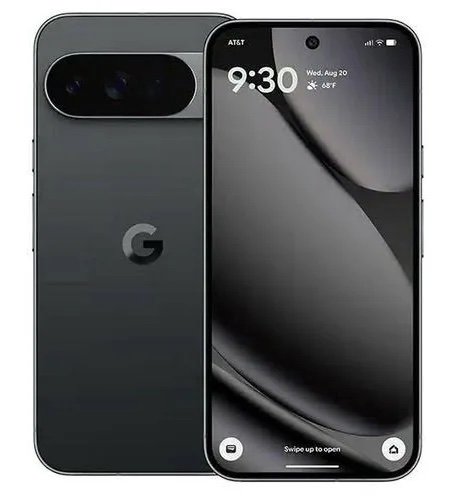 Front and back view of a Google Pixel phone: the front shows the time on the lock screen, the back features a long horizontal camera bar with the Google logo on gray.