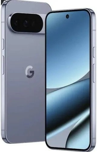 Front and back view of a Google Pixel smartphone: rear camera bar with two lenses and Google 'G' logo, plus a tall blue wallpapered screen on the front.