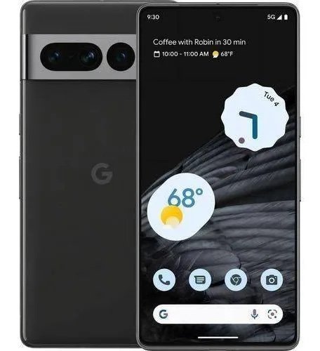 Front and back view of a Google Pixel smartphone, showing the dual-camera bar on the back and a home screen with weather widgets on a dark wallpaper.
