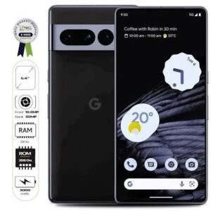 Google Pixel foldable phone shown from back and front, with spec badges on left (RAM 12GB, ROM 256GB, 5000mAh) and a badge at top-left corner.