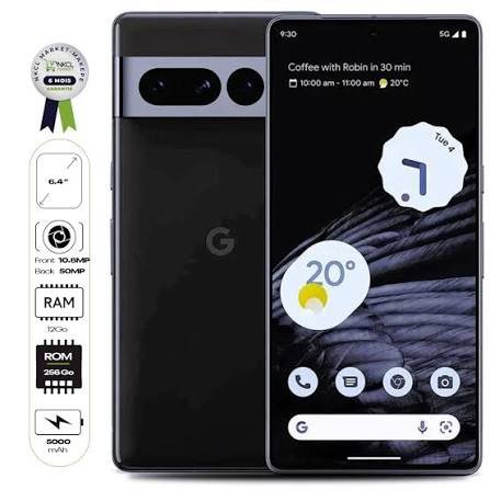 Google Pixel foldable phone shown from back and front, with spec badges on left (RAM 12GB, ROM 256GB, 5000mAh) and a badge at top-left corner.