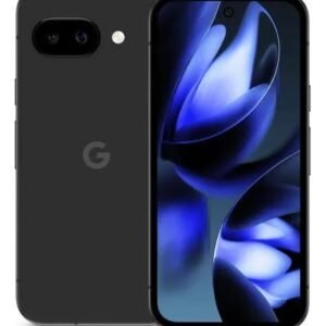 img_7332 - The Phonepreneur Global Front and back views of a black Google Pixel phone; back shows a horizontal dual-camera bar and a gray 'G' logo, front displays blue wallpaper.
