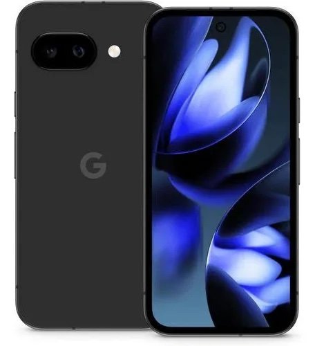 Front and back views of a black Google Pixel phone; back shows a horizontal dual-camera bar and a gray 'G' logo, front displays blue wallpaper.