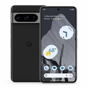 img_7333 - The Phonepreneur Global Front-and-back view of a black Google Pixel-style smartphone: triple-camera bar on the rear, large edge-to-edge display on the front with weather and app widgets visible.