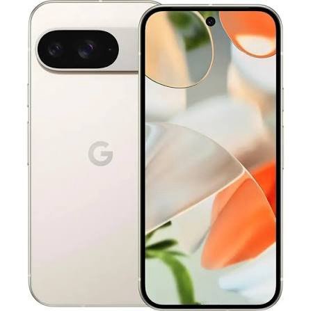 Front and back views of a white Google Pixel smartphone with a long horizontal rear camera bar and the Google 'G' logo on the back.