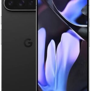 Front and back view of a black smartphone: the front shows a edge-to-edge display with a centered punch-hole camera, the back features a triple-camera bar along the top and a subtle Google-like logo.