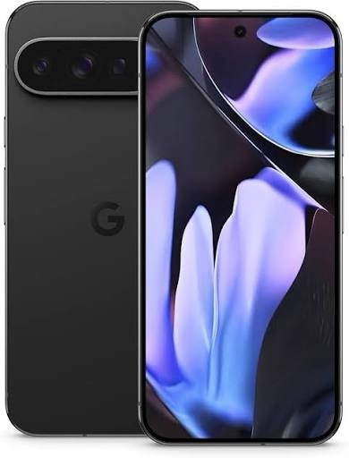 Front and back view of a black smartphone: the front shows a edge-to-edge display with a centered punch-hole camera, the back features a triple-camera bar along the top and a subtle Google-like logo.