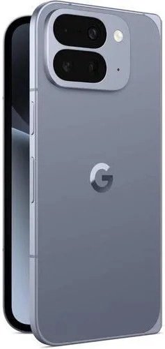 Blue-gray Google Pixel smartphone shown from the back at an angle, featuring a rectangular camera bar with two lenses and a flash, and the Google 'G' logo.