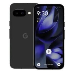 Black Google Pixel smartphone shown from back and front, back has a horizontal dual-camera bar with a G logo, front displays 9:30 on the lock screen.