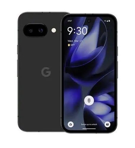 Black Google Pixel smartphone shown from back and front, back has a horizontal dual-camera bar with a G logo, front displays 9:30 on the lock screen.