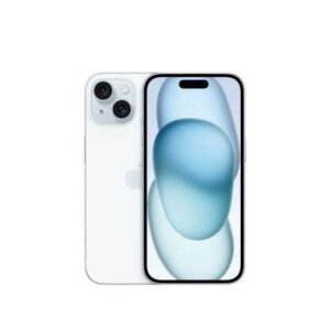 White smartphone shown from front and back, displaying a blue abstract wallpaper on the screen and dual rear cameras on the back.