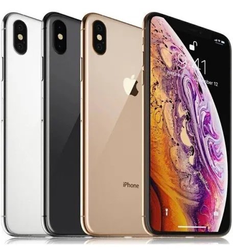 Row of four iPhone models in silver, black, gold, and rose gold lined up, with the front phone displaying a colorful wallpaper.
