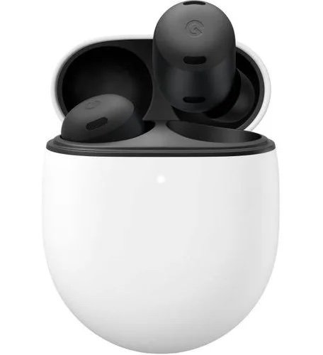 White charging case with black wireless earbuds inside, open case showing buds