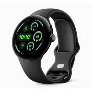 img_7346 - The Phonepreneur Global Black round-faced smartwatch with a black silicone band, displaying colorful fitness widgets on the screen.