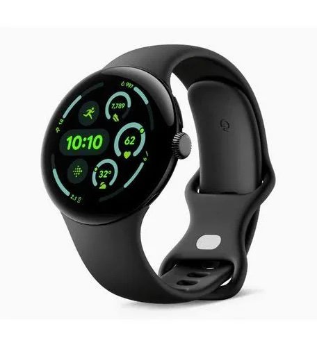 Black round-faced smartwatch with a black silicone band, displaying colorful fitness widgets on the screen.