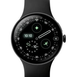 img_7347 - The Phonepreneur Global Black round smartwatch with a black band, showing the time 10:10 and multiple circular complications on a dark display.
