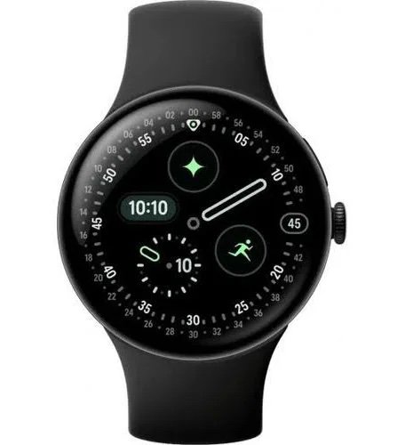 Black round smartwatch with a black band, showing the time 10:10 and multiple circular complications on a dark display.