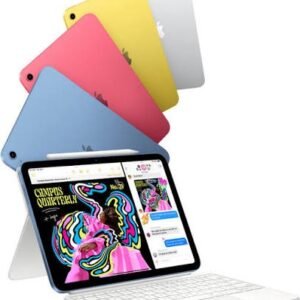 Five pastel-colored tablets fanned out above a white keyboard, with the front tablet showing a vibrant illustration on its screen.
