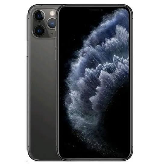 Dark gray iPhone shown from front and back, featuring a triple-camera system on the rear as a single image.