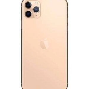 Back view of a gold iPhone with a triple-camera system in the top-left corner and the Apple logo centered on the back.