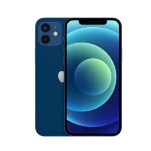 Blue smartphone shown from back and front, featuring a dual-camera system and Apple logo on the blue body.Front display with a geometric blue-green wallpaper is visible on the screen.