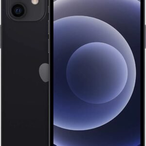 Black iPhone shown from front and back with a dual-camera rear system and edge-to-edge display, on a black finish.