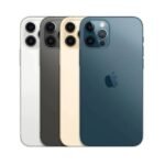 Back view of four iPhones in white, graphite, gold, and blue colors. (Product lineup)