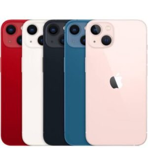 Row of iPhone 13 devices in red, white, black, blue, and pink, showing the back with dual-camera module and color options.