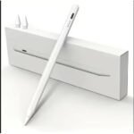 White stylus pen resting against its white box, with two replacement tips nearby on a white background — digital pen accessory.