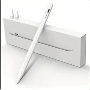 White stylus pen resting against its white box, with two replacement tips nearby on a white background — digital pen accessory.