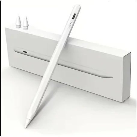 White stylus pen resting against its white box, with two replacement tips nearby on a white background — digital pen accessory.
