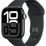 Apple Watch with a black sport band, close-up showing its large digital watch face and crown on the side.