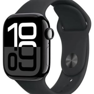 Apple Watch with a black sport band, close-up showing its large digital watch face and crown on the side.
