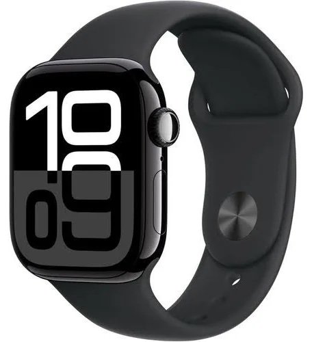 Apple Watch with a black sport band, close-up showing its large digital watch face and crown on the side.