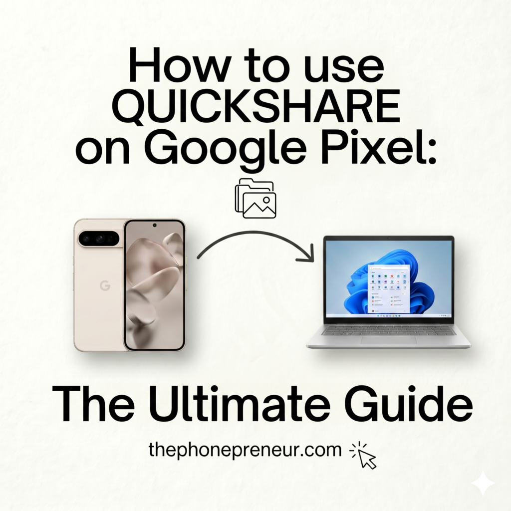 How to Use Quick Share on Google Pixel The Ultimate Guide 3 - The Phonepreneur Global A promotional banner showing smartphones and a laptop with the title The Ultimate Guide to Chat… (text cut off) at the top and a website URL below.