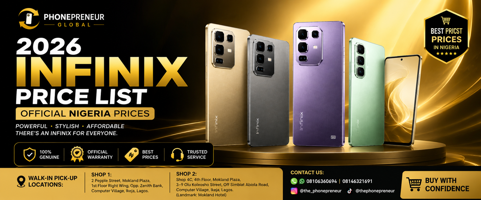 2026 Infinix price list banner with gold gray and purple smartphones on the right and Official Nigeria Prices text on the left - The Phonepreneur Global Infinix Price List 2026 Smart Hot Note Series Prices in Nigeria