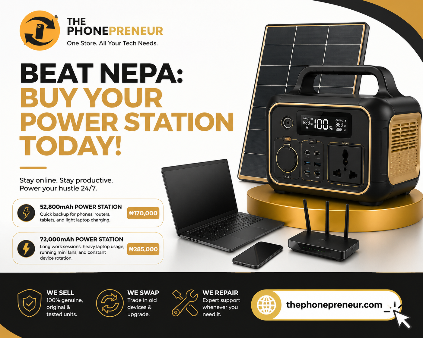Beat NEPA Buy Your Power Station Today 2 - The Phonepreneur Global Promotional banner for The PhonePreneur selling solar-powered power stations; features a solar panel, a portable power station, and devices like a laptop and router with bold marketing text.